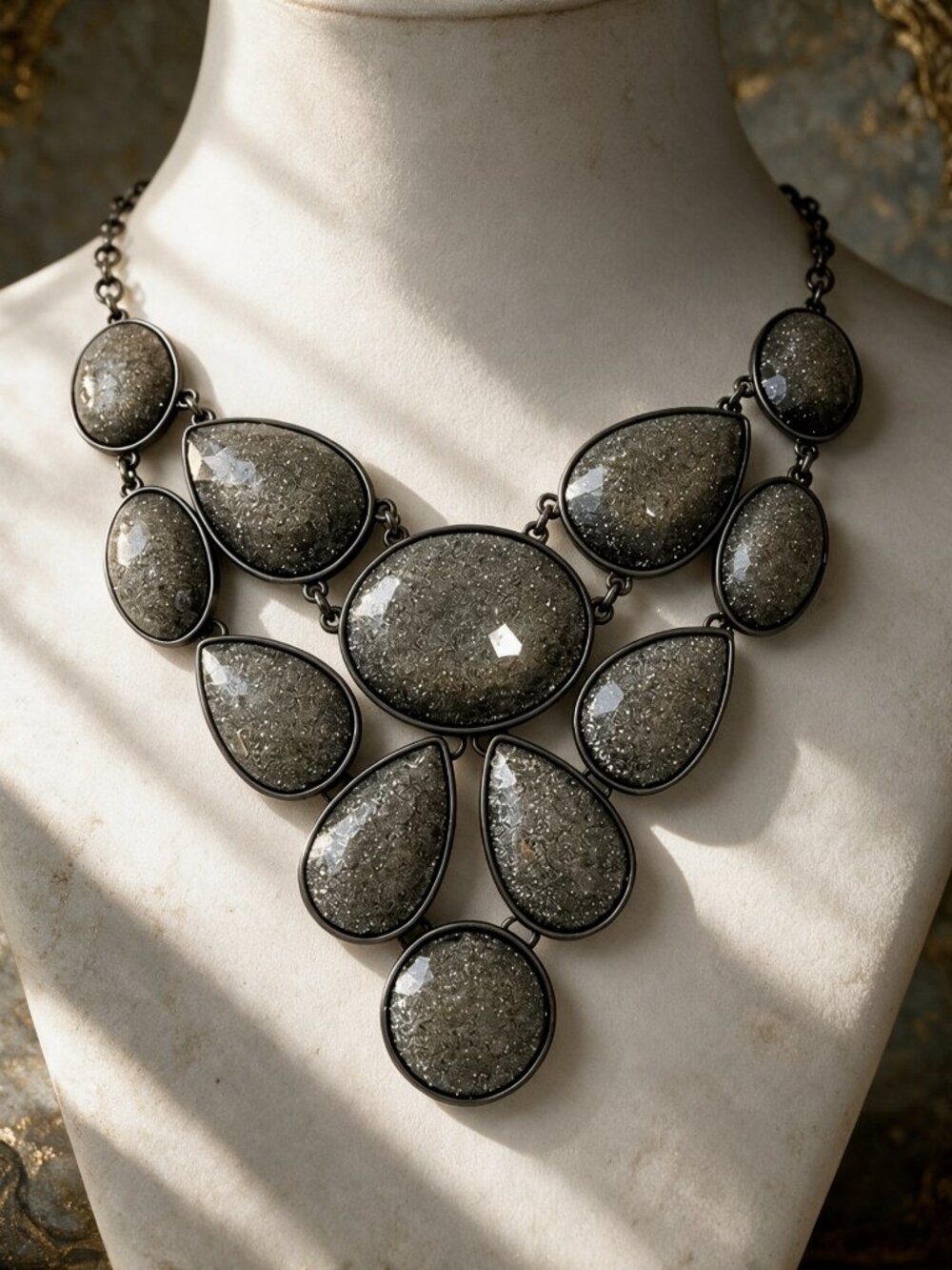 Gunmetal Gray Druzy Statement Bib Necklace